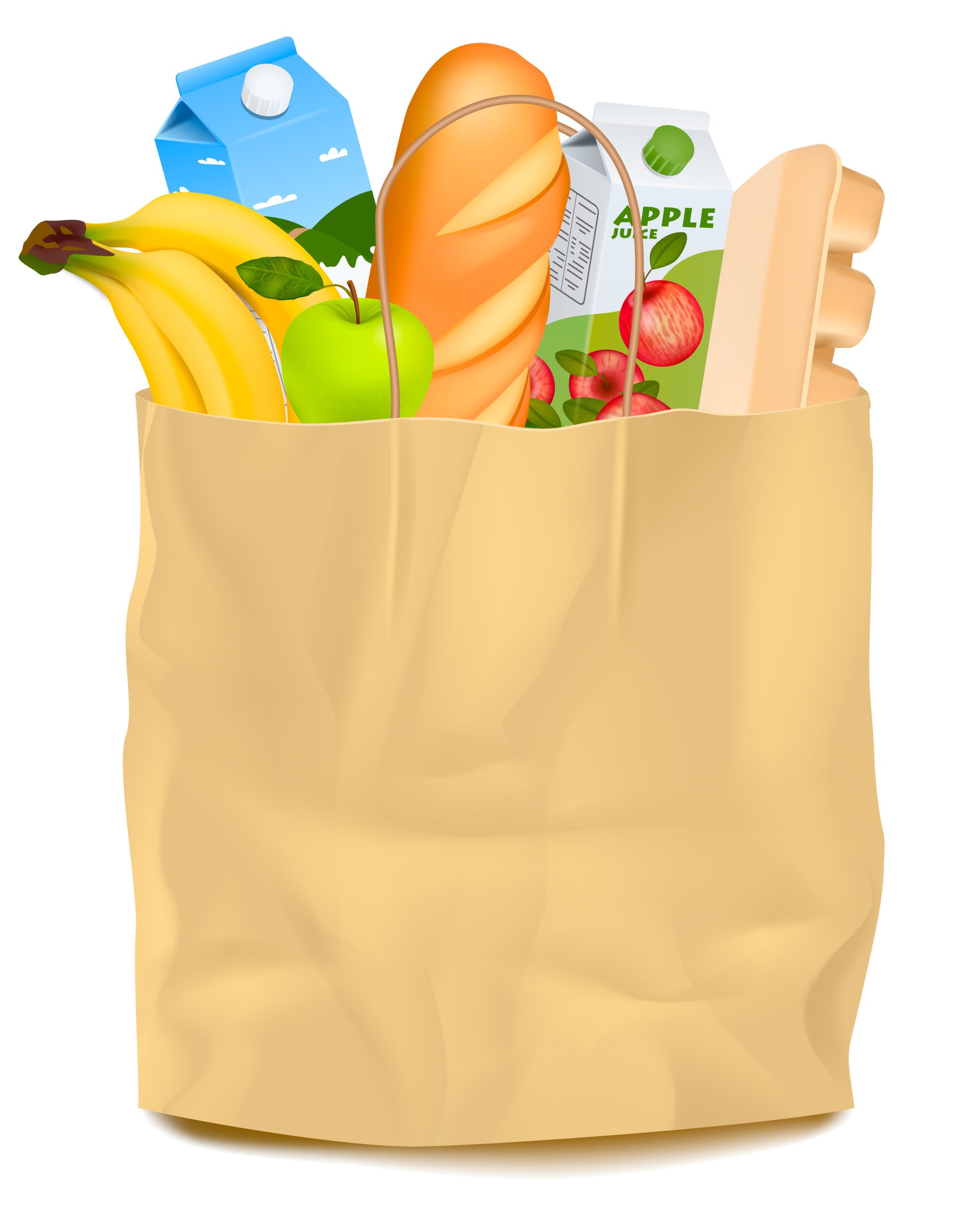 Isolated brown paper bag filled with food realistic images of products with shadow on blank background vector illustration